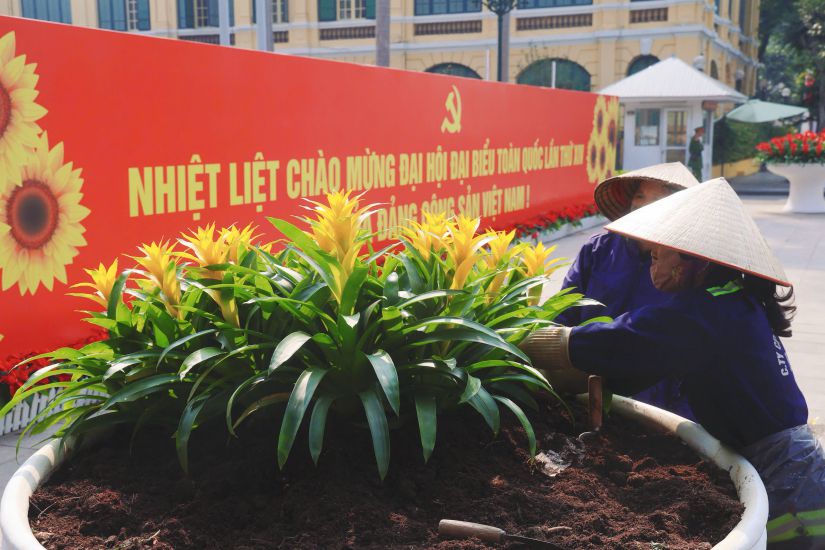Cong nhan moi truong tat bat sap dat tung chau cay, chau hoa trang tri duong pho, mung Dai hoi Dang XIV. Anh: Viet Anh