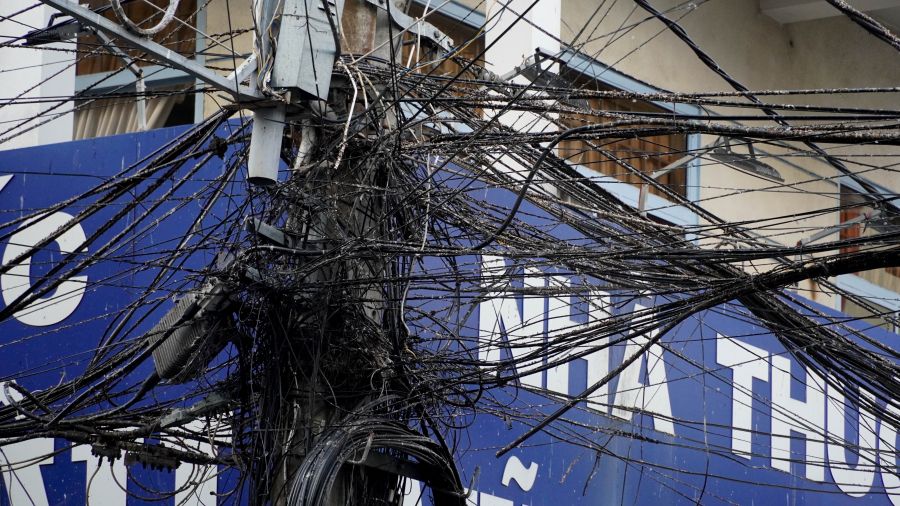 Phan chim trang xoa tren cac day dien sau mot dem dan chim tru ngu.