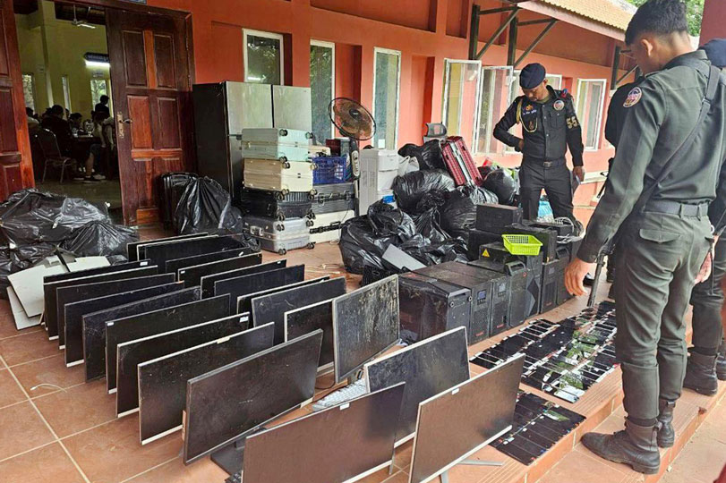 Cambodian police seize equipment at an online fraud facility in Kandal province, July 17, 2025. Photo: AFP