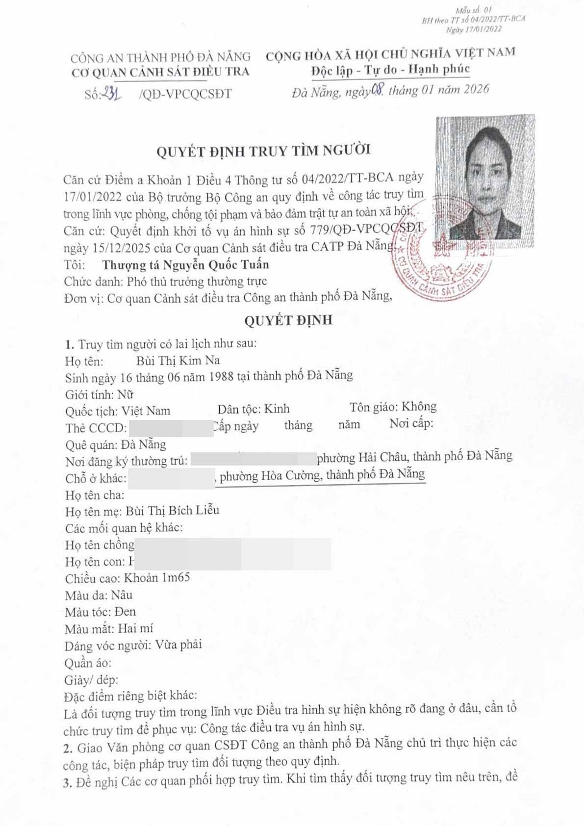 Cong an Da Nang ban hanh Quyet dinh truy tim doi voi Bui Thi Kim Na. Anh: Bao Ngoc 