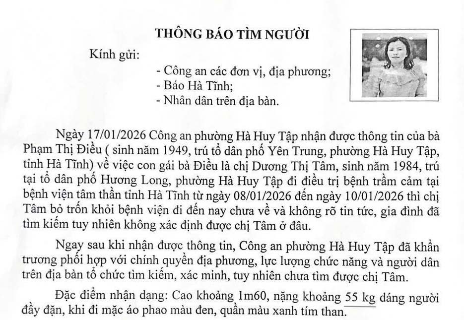 Notice of searching for Ms. Tam from Ha Huy Tap Ward Police. Photo: Ha Tinh Police.