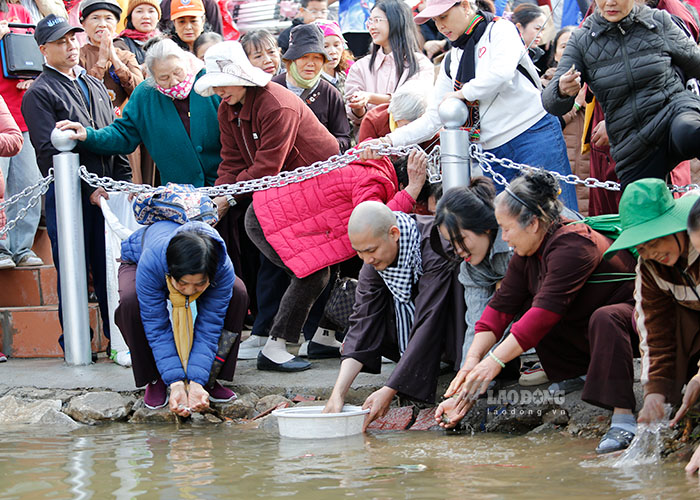 People and tourists release fish into Son La hydropower reservoir. Photo: Quang Dat