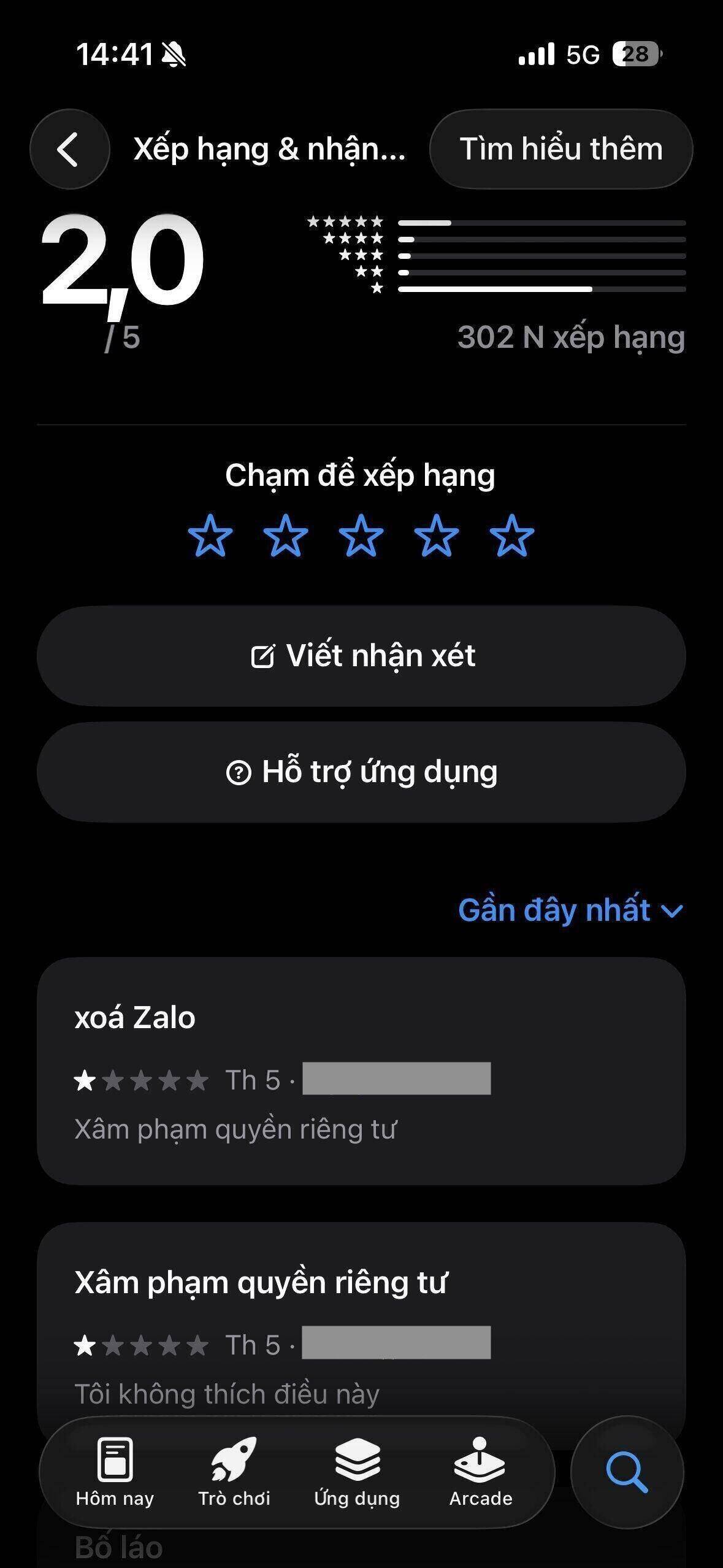 Zalo dat danh gia 2.0/5 sao tren AppStore. Anh: Anh Vu