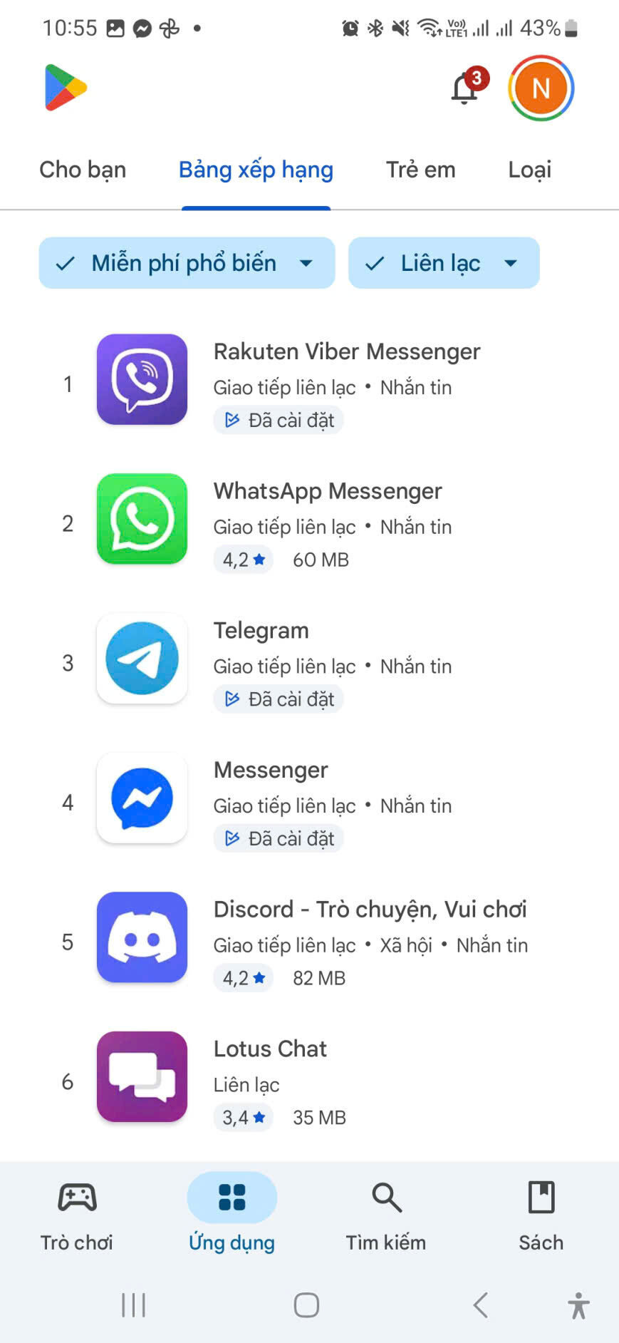 Zalo khong con xuat hien trong top dau bang xep hang cac ung dung lien lac mien phi tren nen tang CH Play cua Google. Anh: Anh Vu