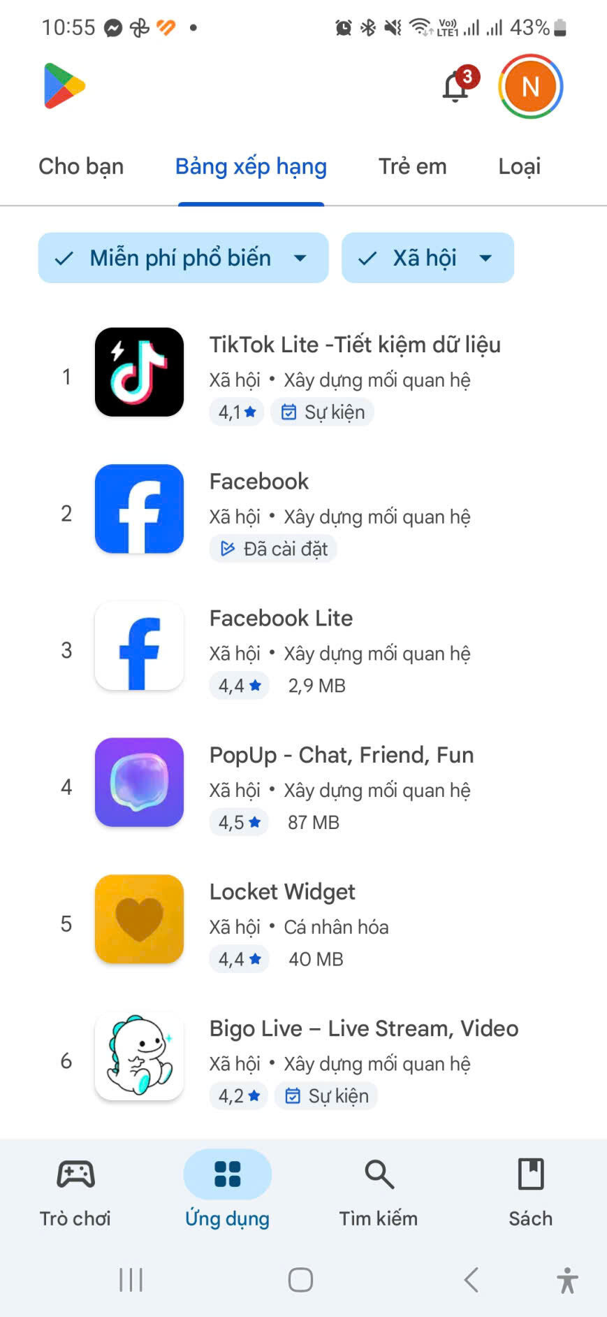 Bang xep hang cac ung dung xa hoi mien phi hang dau cua CH Play. Anh: Anh Vu