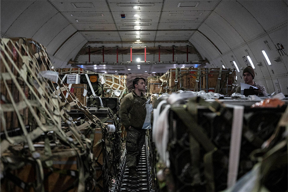 Cartons of goods in the Ukraine aid shipment provided by the US in 2023. Photo: US Department of War