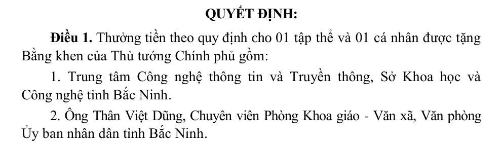 1 collective and 1 individual in Bac Ninh were awarded Certificates of Merit from the Prime Minister. Photo: Van Truong