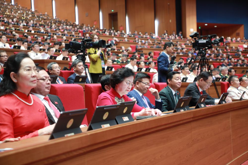 Dai hoi XIV cua Dang co phuong cham “Doan ket - Dan chu - Ky cuong - Dot pha - Phat trien”. Anh: Tran Vuong