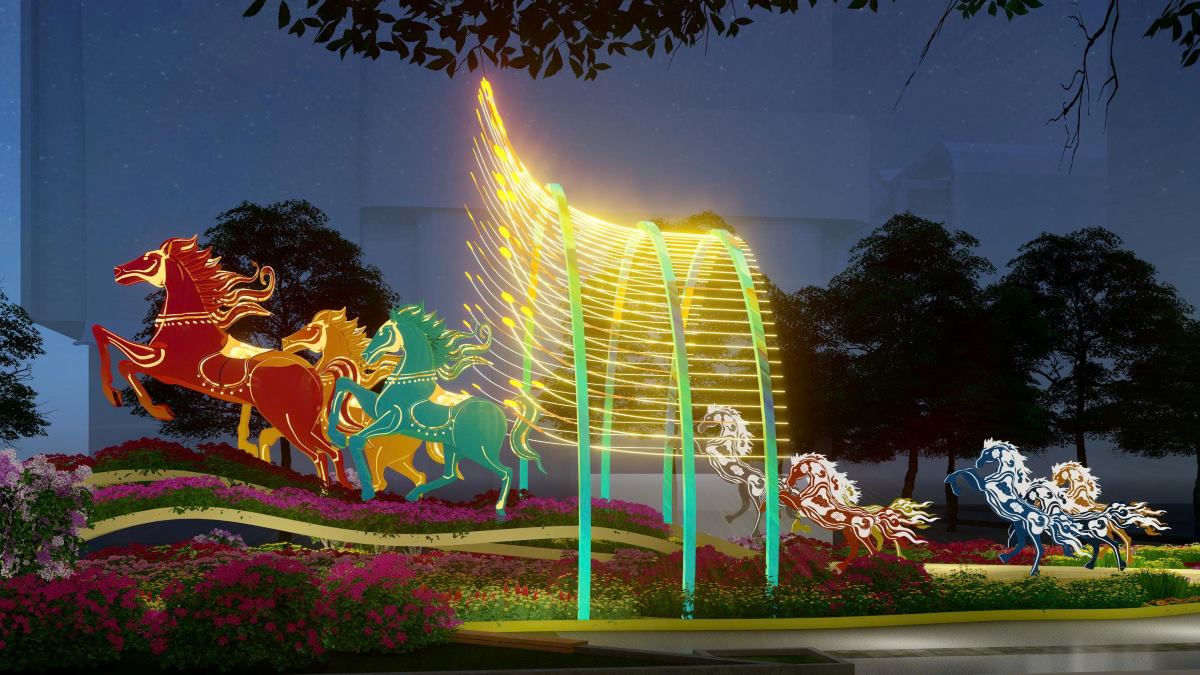 Den dem, Duong hoa Nguyen Hue tro thanh mot khong gian nghe thuat nho ung dung dong bo cong nghe anh sang va tuong tac (ket hop cong nghe Mapping va AR). Dai canh cuoi “Giang son cam tu” quy tu 9 ngua vinh cuu phi nuoc dai, trong do 3 ngua chinh bieu trung cho TPHCM, Vung Tau va Binh Duong voi tao hinh nguyen khoi. 