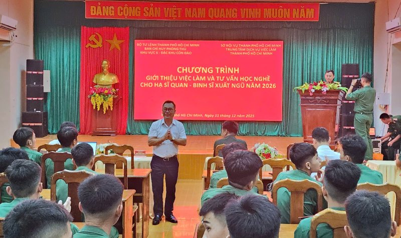 The Ho Chi Minh City Employment Service Center coordinates to introduce jobs and provide vocational training advice to soldiers preparing for demobilization at the 6th Regional Defense Command - Con Dao Special Zone. Photo: Duc Long