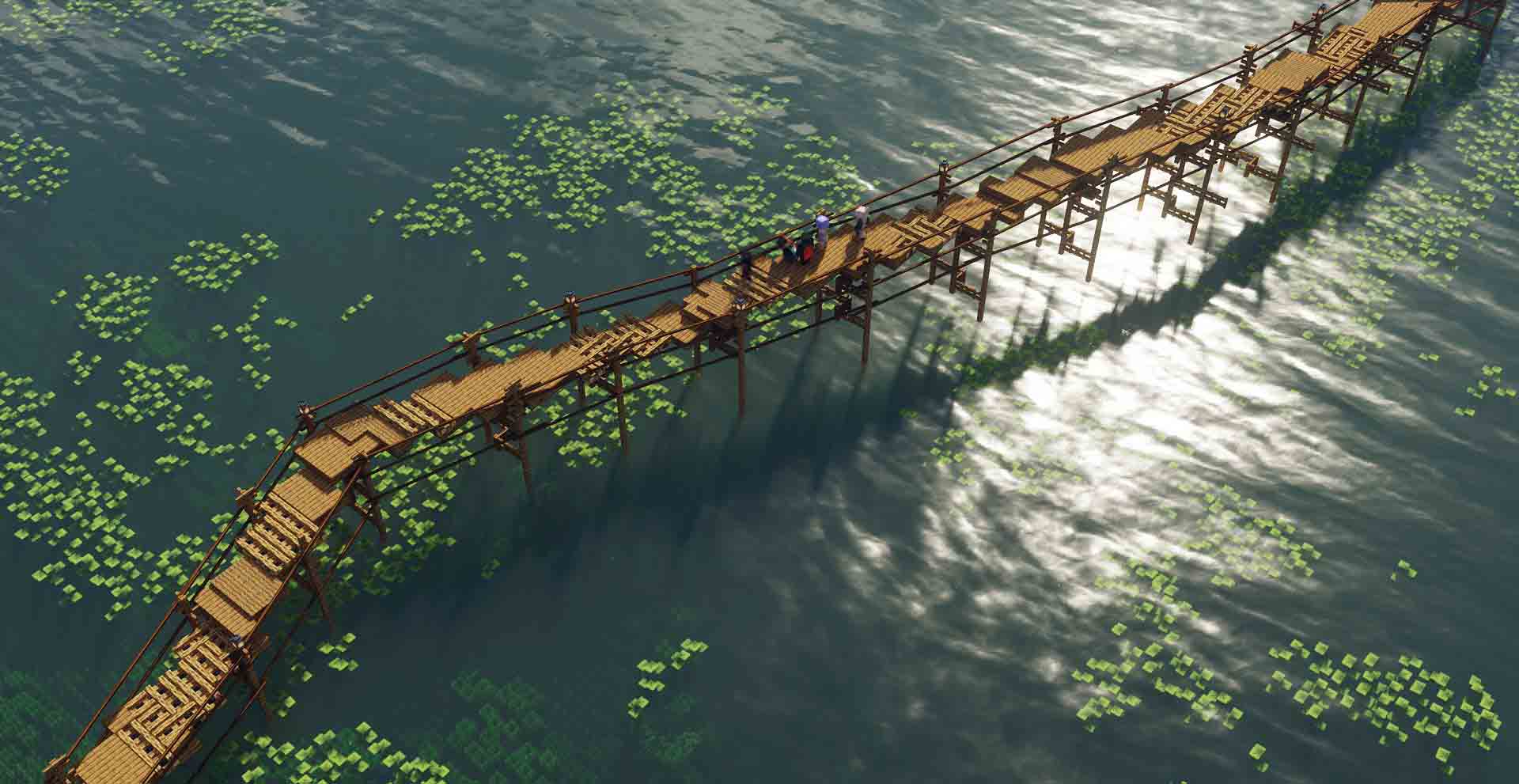 Cay cau go moc mac noi bat giua nen nuoc tinh lang.