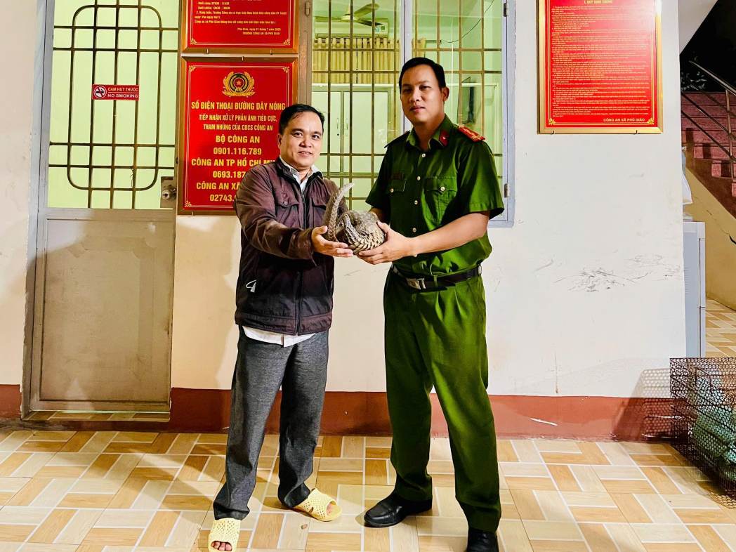 Nguoi dan bao ve va giao nop te te quy hiem cho co quan cong an. Anh: Cong an xa Phu Giao