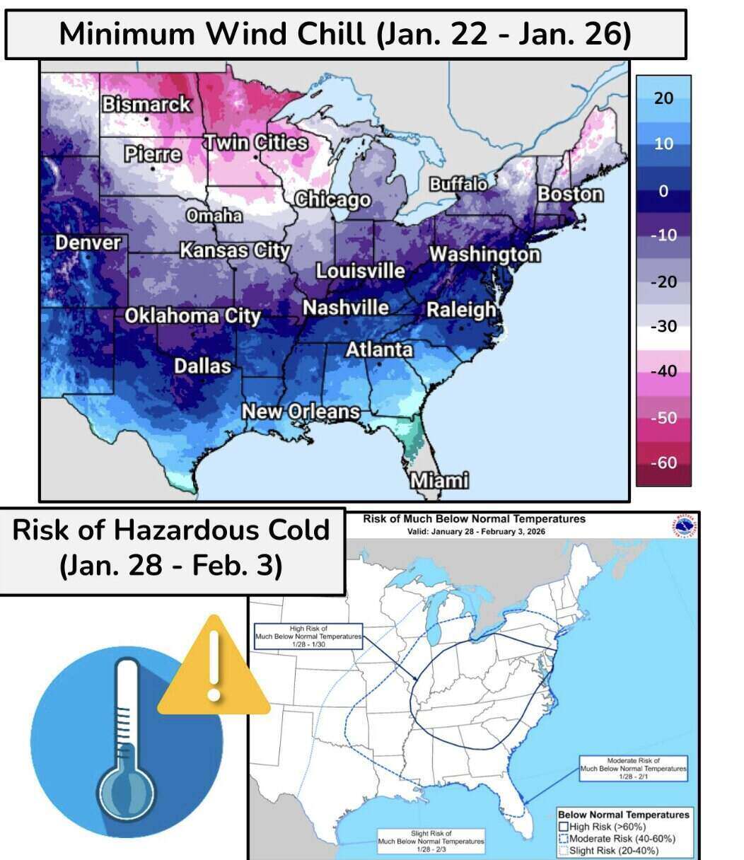 Du bao chi so phong han (nhiet do cam nhan) giam sau ky luc tai vung Trung Tay, co noi xuong duoi -45 do C (vung mau tim dam) tu ngay 22-26.1. Anh: Trung tam Du bao Thoi tiet My (NWS)