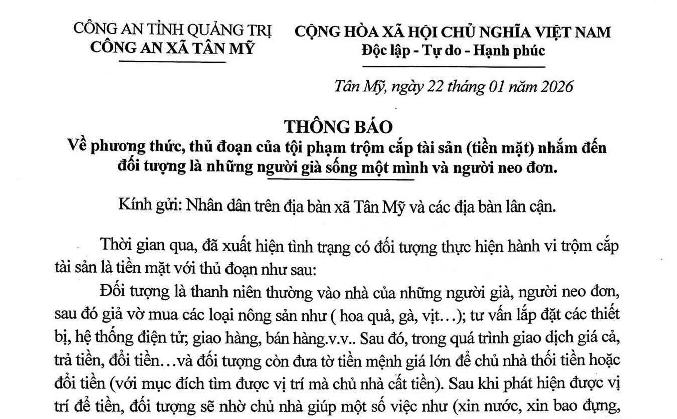 Notice from Tan My Commune Police regarding the situation of money theft targeting the elderly. Photo: Tan My Commune Police