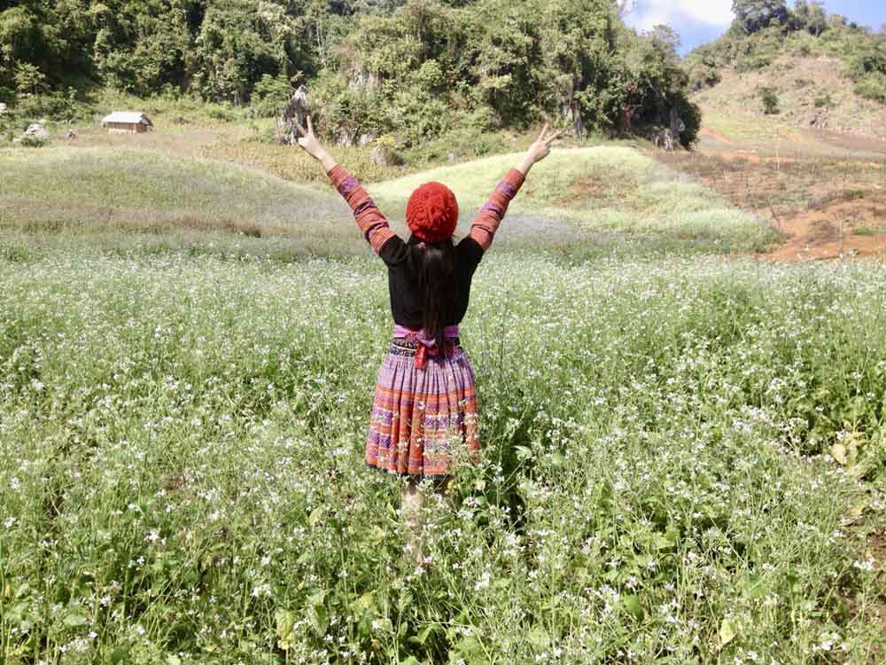 Nữ du khách chụp hình giữa vườn hoa cải trắng. Ảnh: Linh Boo