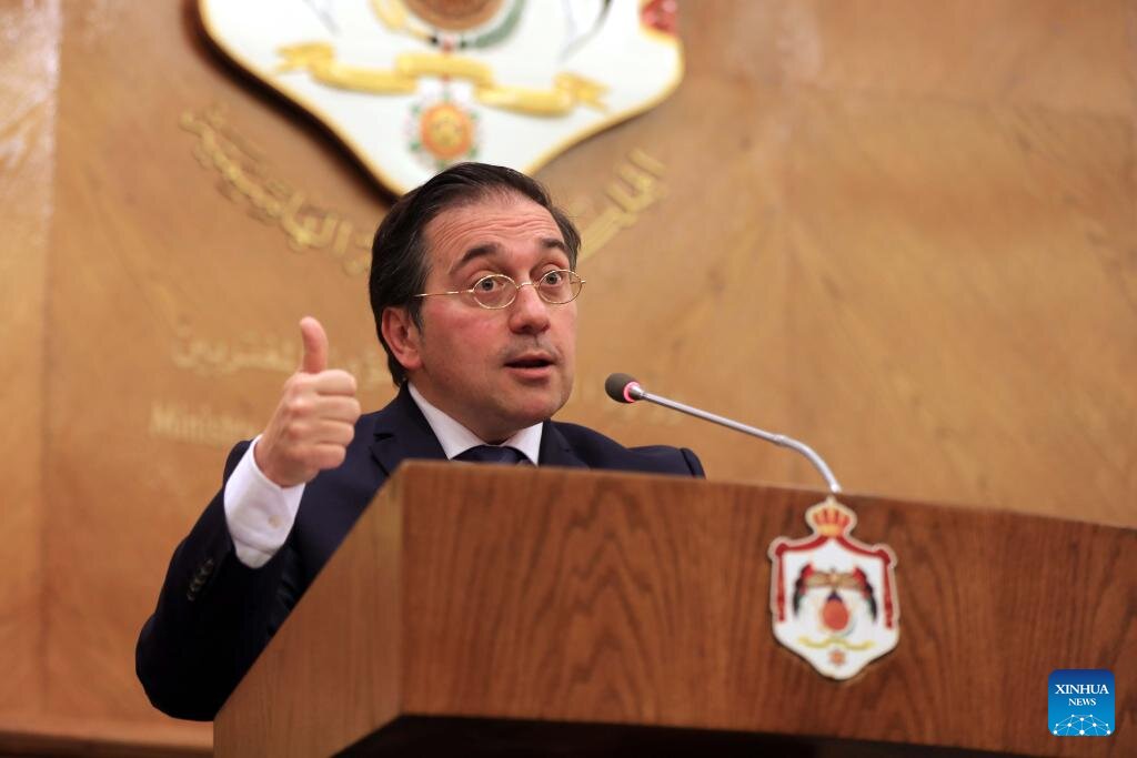 Spanish Foreign Minister Jose Manuel Albares speaks at a press conference in Amman, Jordan on March 13, 2024. Photo: Xinhua
