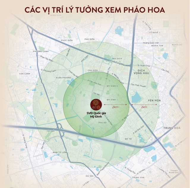 Nguoi dan va du khach co nhieu lua chon de ngam tran dia phao hoa tam cao trai dai tu khu vuc nua duong Le Duc Tho, qua cot dong ho den bai dat trong phia truoc Cung the thao duoi nuoc. Do hoa: Phuong Anh