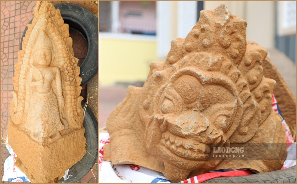 Deux objets Champa en sa thach, dont un relief de deesse et un relief de lion, ont ete decouverts a la tour Duong Long. Photo: Hoai Phuong