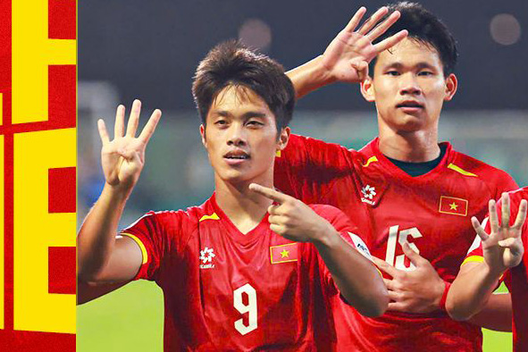 Striker Quoc Viet (number 9) scored the opening goal for U23 Vietnam in the match against U23 Korea. Photo: VFF