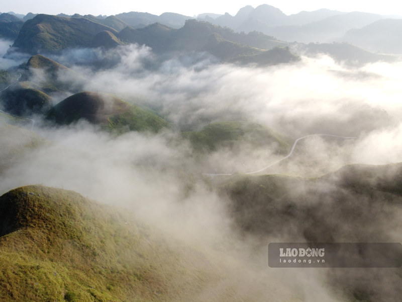 There are days when Ba Quang grass hills are covered in white clouds in the early morning. Photo: Tan Van