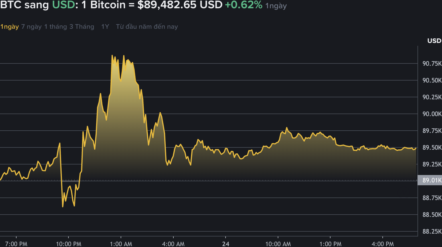 Du lieu tren Binance - san giao dich tien ma hoa lon nhat the gioi - cho thay, gia Bitcoin giam quanh moc 89.000 USD. Nguon: Binance.com