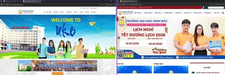 Co hai website cung ten Truong dai hoc Kinh Bac (tinh Bac Ninh), nhung co noi dung ban giam hieu khac nhau khien sinh vien hoang mang, khong biet ai moi la ban giam hieu that su. Anh chup man hinh