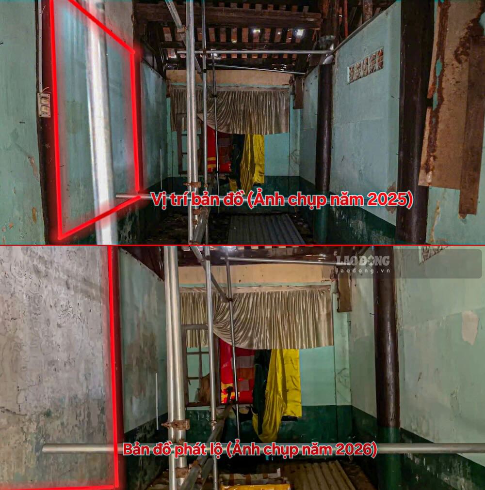 Hinh anh vi tri buc tuong o Kham Thien Giam duoc cho la phat lo them ban ve nghi la ban do co chup cung mot vi tri o hai thoi diem khac nhau. Anh: Nguyen Luan.