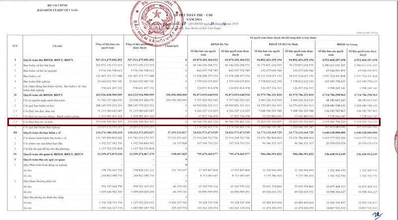 Bao hiem xa hoi thong tin cong bo thu chi nam 2024, trong do co thong tin chi quy huu tri, tu tuat 