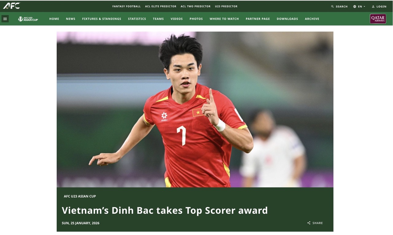 AFC homepage informs Dinh Bac to win the Golden Boot title. Photo: AFC