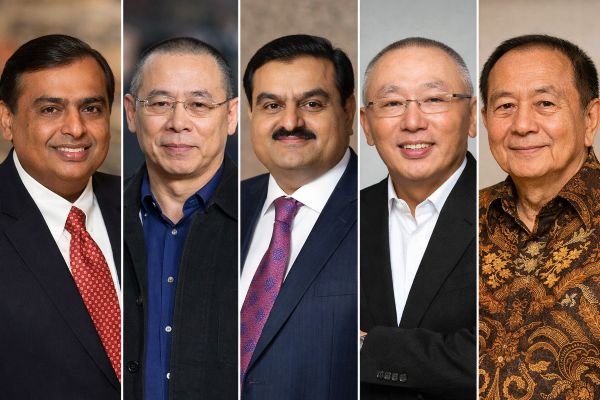 5 richest billionaires in Asia according to Forbes ranking updated in January 2026, including Mukesh Ambani, Zhong Shanshan, Gautam Adani, Tadashi Yanai and Prajogo Pangestu (from left to right). Graphics: Minh Huy