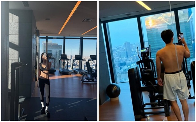 Jennie (Blackpink) va V (BTS) dang tai hinh anh o phong gym voi khung canh co net tuong dong. Anh IGNV