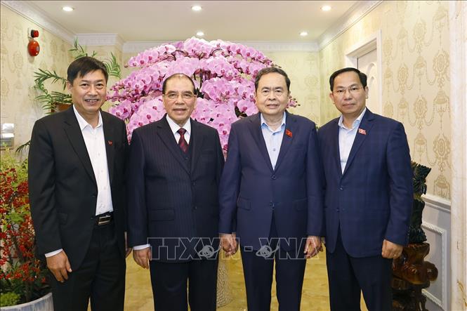 Le membre du Bureau politique et president de l'Assemblee nationale Tran Thanh Man rend visite et presente ses vœux du Tet a l'ancien secretaire general Nong Duc Manh. Photo: Doan Tan