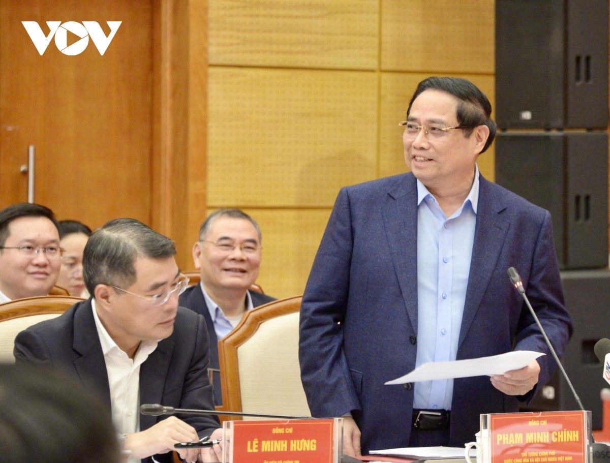 Thu tuong Pham Minh Chinh phat bieu tai buoi lam viec. Anh: VOV