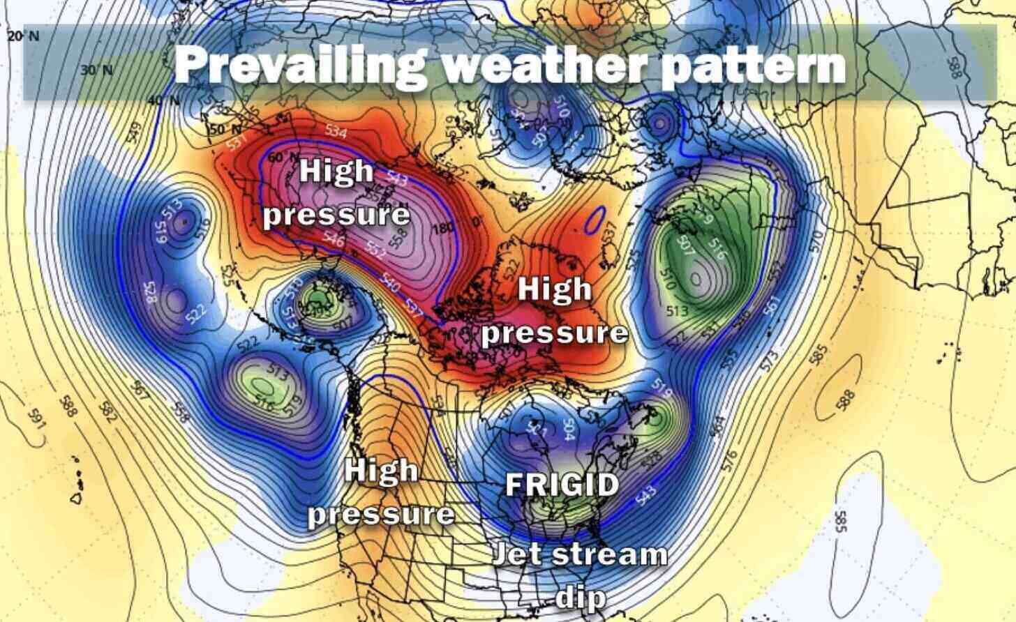 Cold air from Siberia and the Arctic is pouring in, the deepest cold in 150 years in the US is forecast to last until February. Photo: Weather Bell