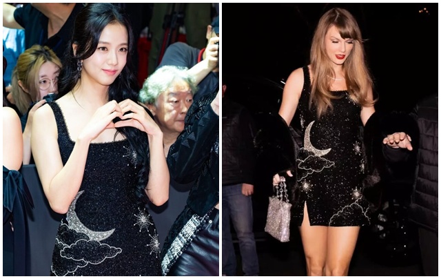 Jisoo va Taylor Swift deu tung dien chiec vay cocktail mau xanh dam den tu thuong hieu Clio Peppiatt, noi bat voi cac chi tiet dinh pha le Swarovski lap lanh. Anh OSEN
