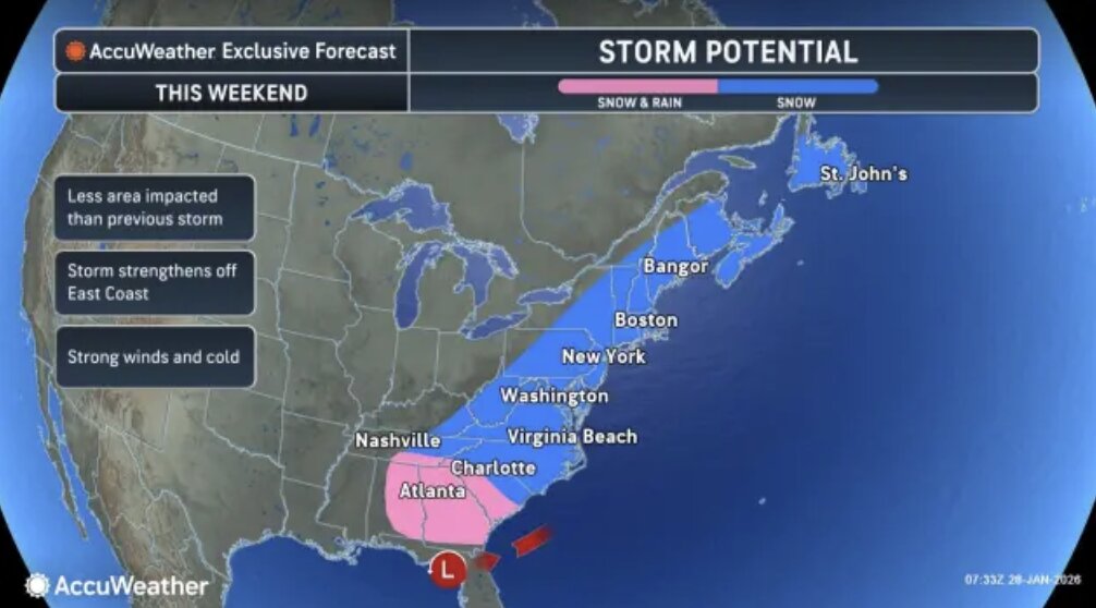 Forecast map of potential storms and areas likely to be affected by snow along the US East Coast this weekend. Photo: AccuWeather