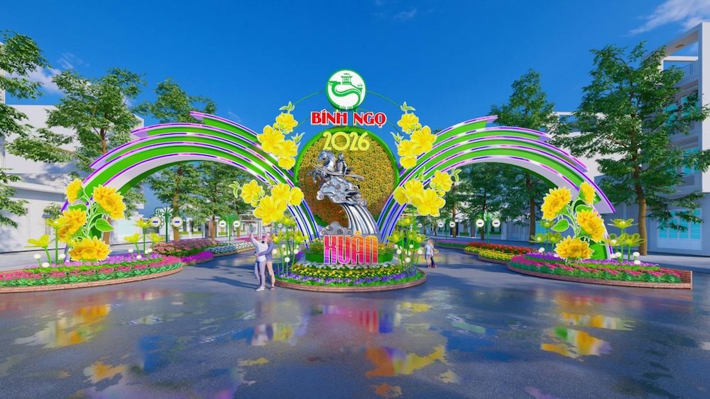 Cổng phụ: Mô hình Phù Đổng Thiên Vương cưỡi ngựa, nhổ tre đuổi giặc được mô phỏng chất liệu thép, mang thông điệp giáo dục thế hệ trẻ tình yêu quê hương, đất nước và khát vọng vươn lên với tinh thần Phù Đổng trong thời đại mới. Trên cổng gắn logo thành phố Cần Thơ sau sáp nhập, cùng các chữ Xuân, Bính Ngọ 2026. Nguồn ảnh: Cổng thông tin điện tử Cần Thơ.