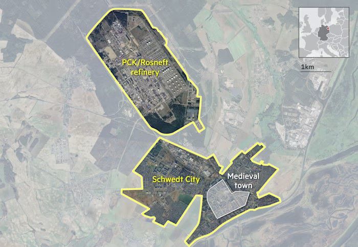 Nhà máy lọc dầu PCK ở thị trấn Schwedt của Đức. Ảnh: Google Earth