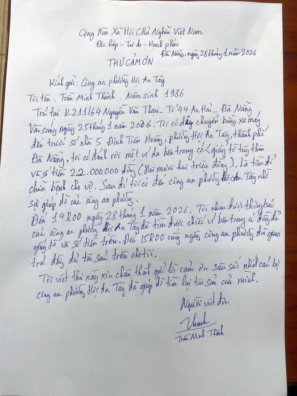 Lá thư tay viết vội của anh Minh cảm ơn lực lượng Công an. Ảnh: CACC
