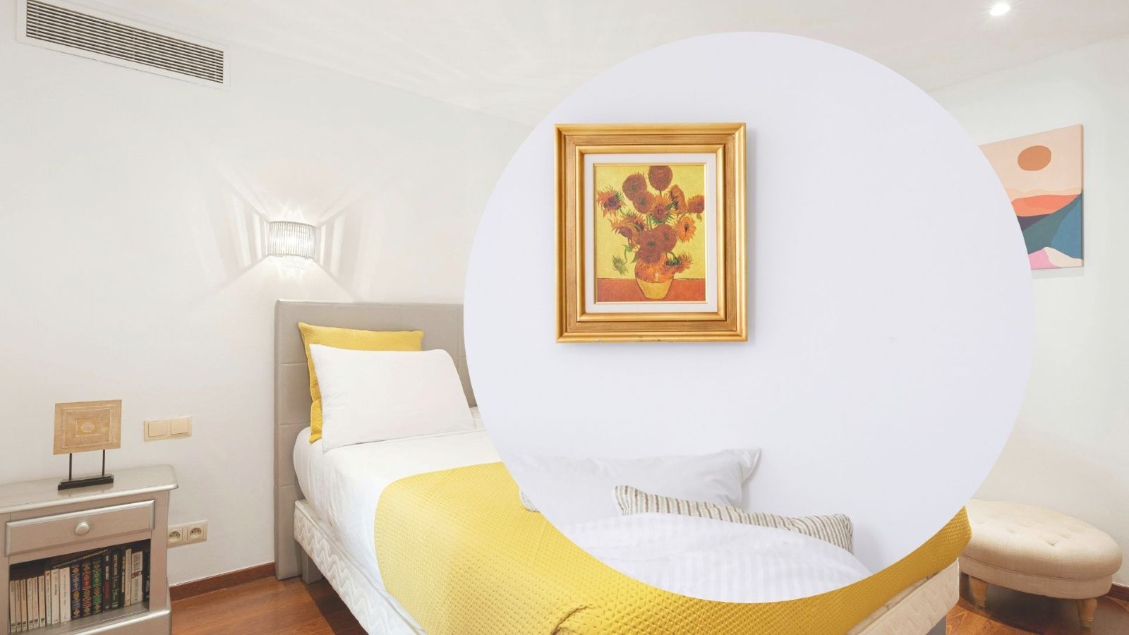 Wall paintings are a simple way to decorate to increase color and depth for a small bedroom. Graphics: Thanh Thanh