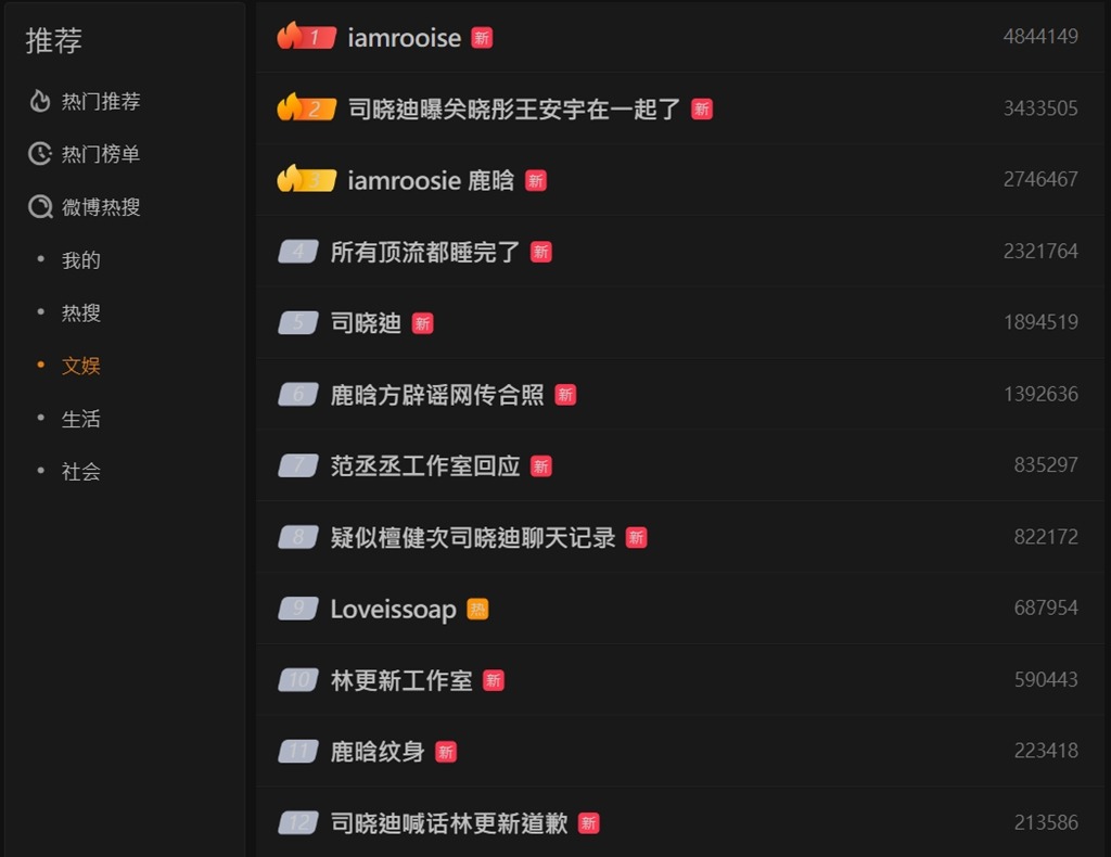 Cac tu khoa lien quan den Tu Hieu Dich tro thanh xu huong tren Weibo. Anh chup man hinh