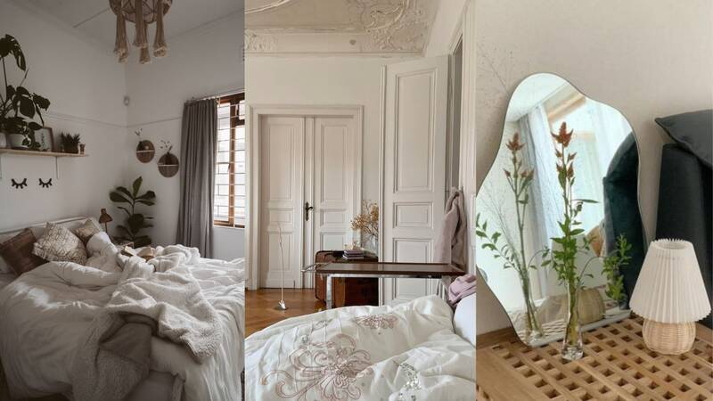 Korean-style bedroom with neutral colors and natural furniture. Graphics: Ha May