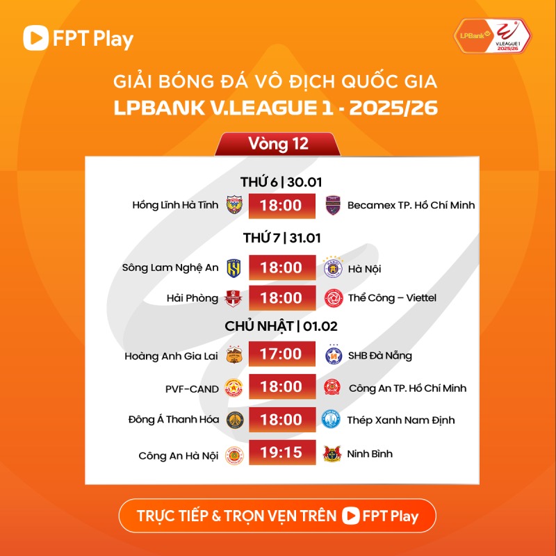 Lịch thi đấu vòng 12 V.League 2025-2026. Ảnh: FPT Play