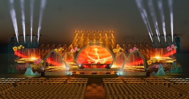 Sân khấu của chương trình được đầu tư hoành tráng, tôn vinh nét đẹp văn hóa truyền thống hòa quện cùng công nghệ trình diễn hiện đại. Ảnh: Ban tổ chức