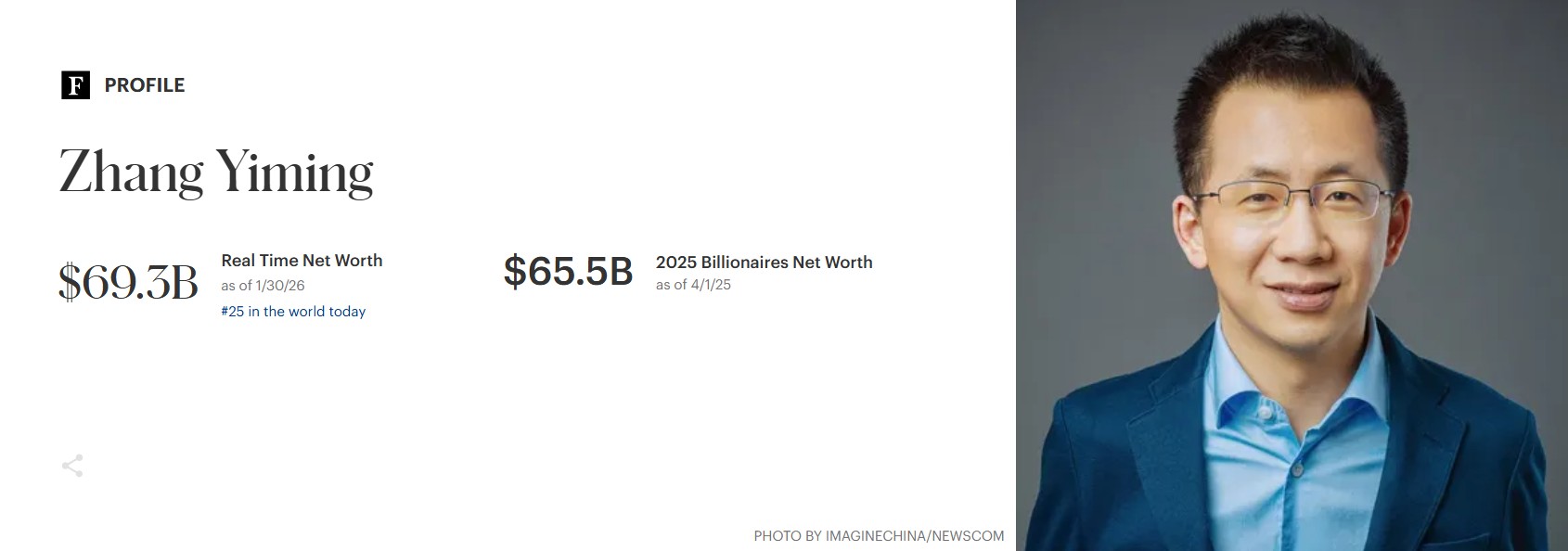 Tỉ phú Zhang Yiming. Ảnh màn hình Forbes.