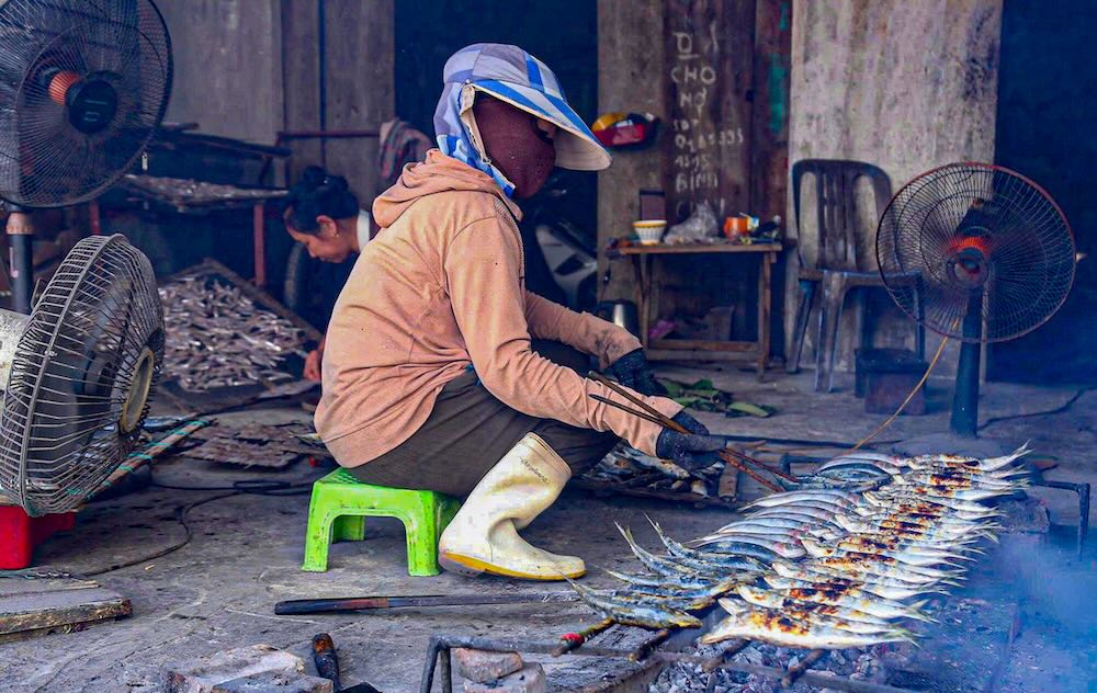 Cá sau khi làm sạch được xếp ngay ngắn trên vỉ, nướng hoàn toàn bằng than hoa, không tẩm ướp gia vị, không phụ gia, để giữ trọn vị ngọt tự nhiên.