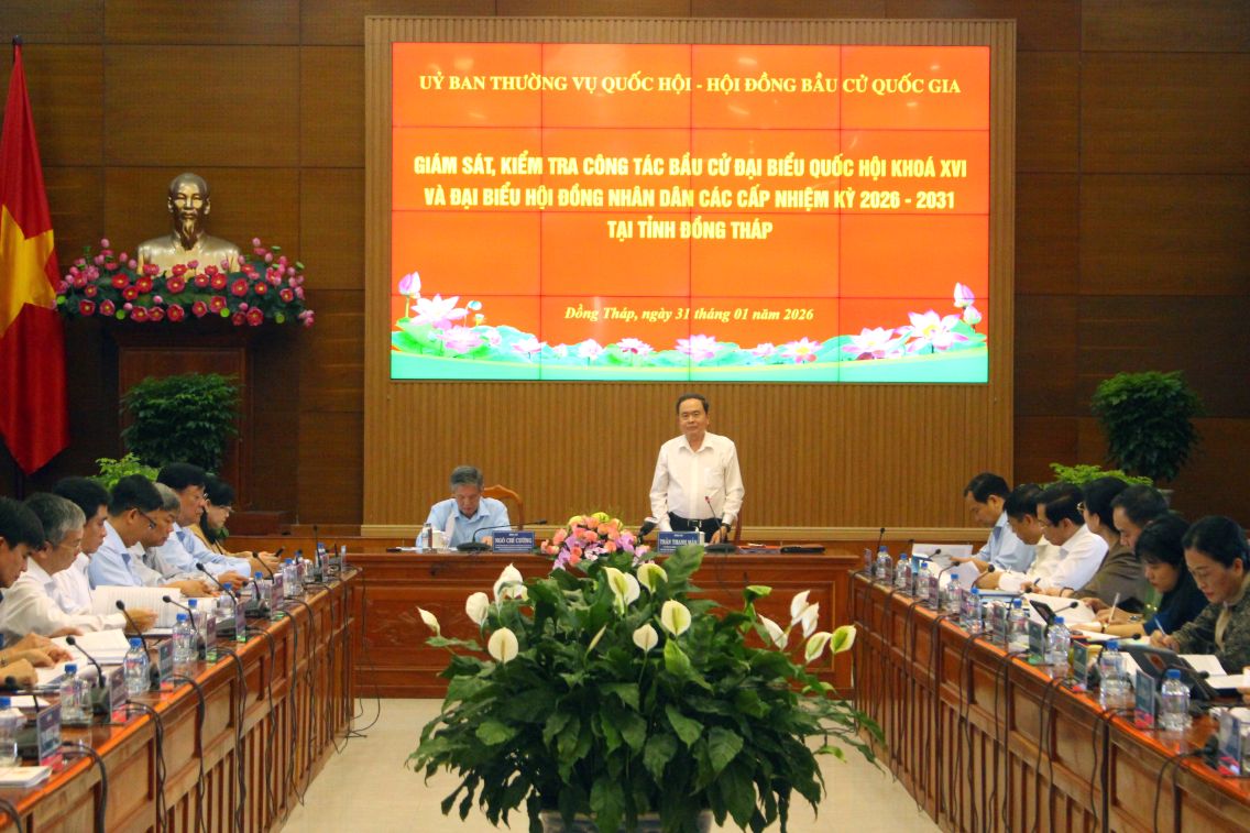 Chủ tịch Quốc hội Trần Thanh Mẫn phát biểu tại buổi làm việc với lãnh đạo tỉnh Đồng Tháp về công tác bầu cử đại biểu Quốc hội khóa XVI và đại biểu HĐND các cấp nhiệm kỳ 2026 – 2031. Ảnh: Thanh Mai