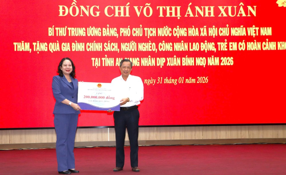 Phó Chủ tịch nước Võ Thị Ánh Xuân trao bảng tượng trưng hỗ trợ trẻ em có hoàn cảnh đặc biệt khó khăn của Hội đồng Bảo trợ Quỹ Bảo trợ trẻ em Việt Nam. Ảnh: Phương Vũ