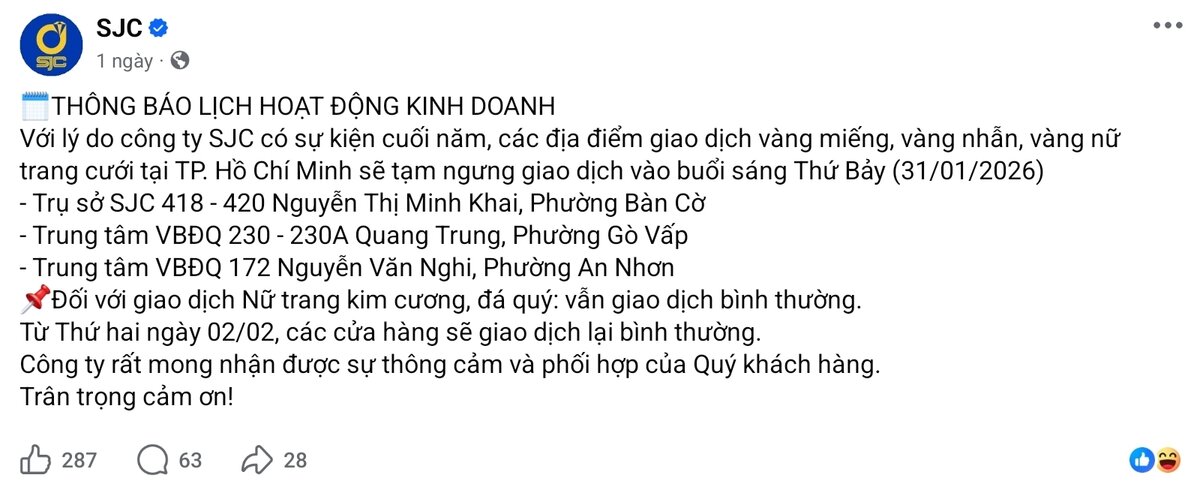 Thông báo của SJC. 