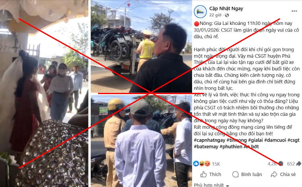 Thông tin CSGT tỉnh Gia Lai vào rạp cưới bắt xe của khách mời là không đúng sự thật. Ảnh chụp màn hình